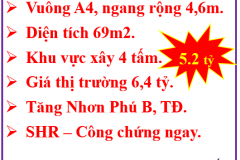 69m2-Đất mặt tiền KD- Tăng Nhơn Phú B-TĐ- Đường 16m-Chỉ 5.2 tỷ